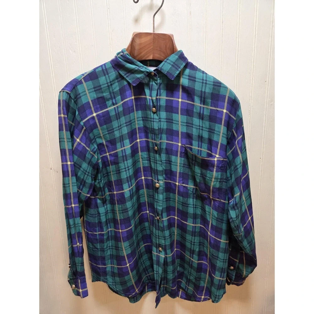 Vintage Vittadini Sport Shirt Womens‎ Small Green Blue Plaid Rayon Button Up 90s - Picture 2 of 6